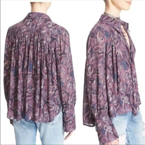 Boho Free People Modern Muse Paisley Tie-Neck Blouse - Picture 2 of 16